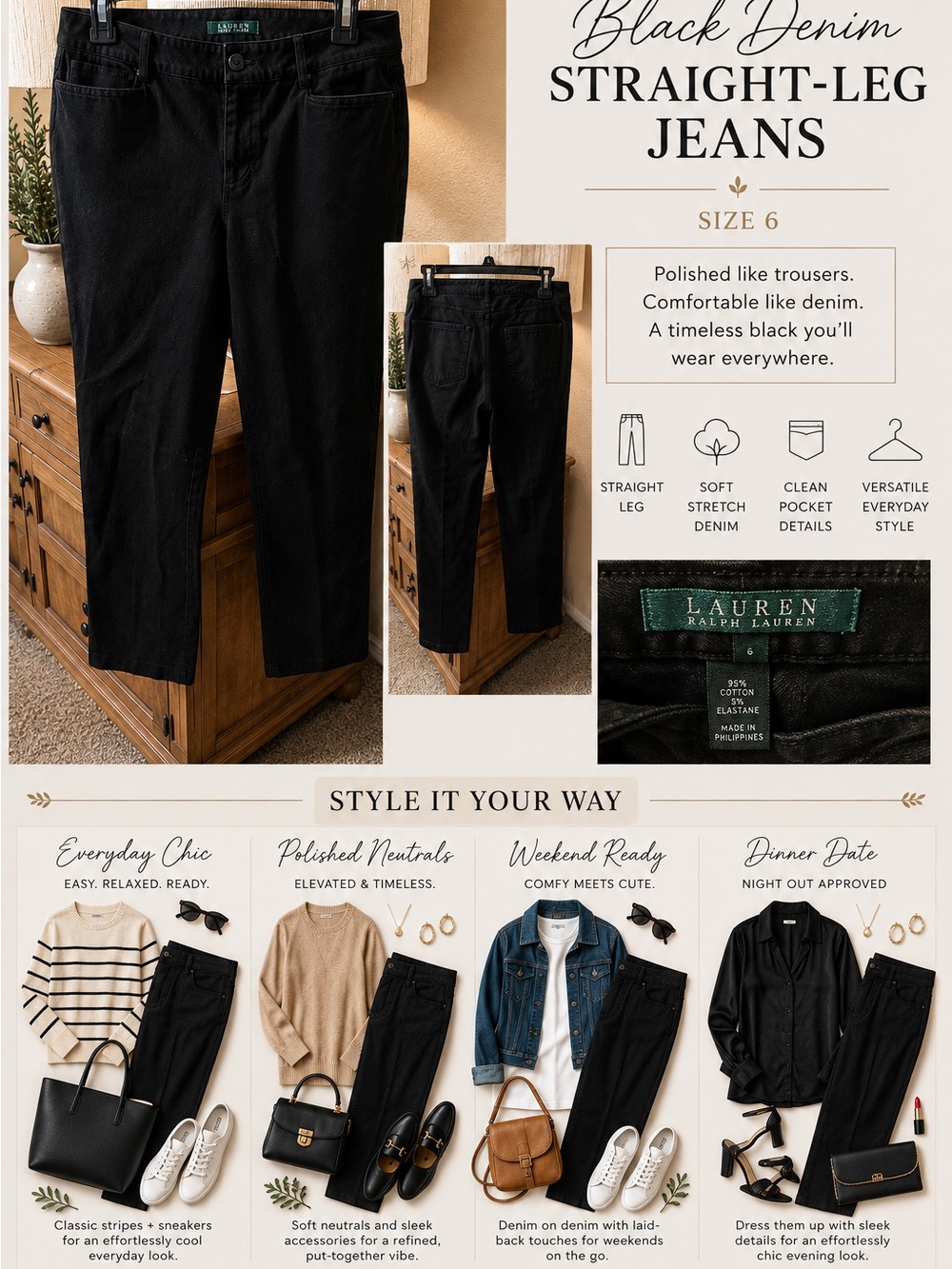 Lauren Ralph Lauren Black Straight-Leg Jeans